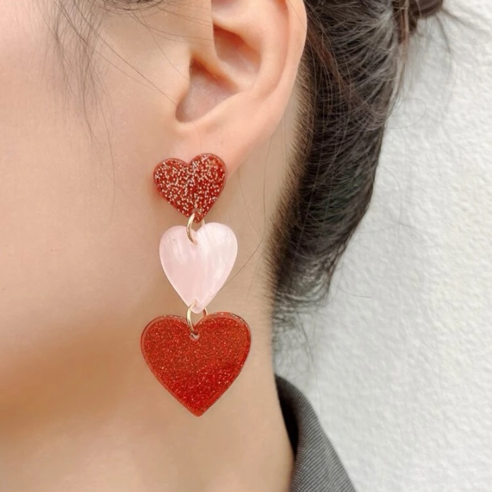 New! Triple Heart Pink and Red Earrings - Picture 3 of 3